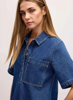 Mara indigo denim polo-collar A-line minidress