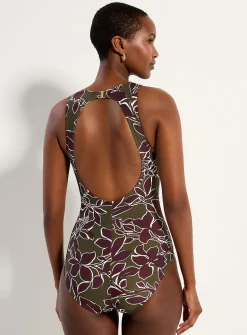 Mesh accent scoop-neck one-piece