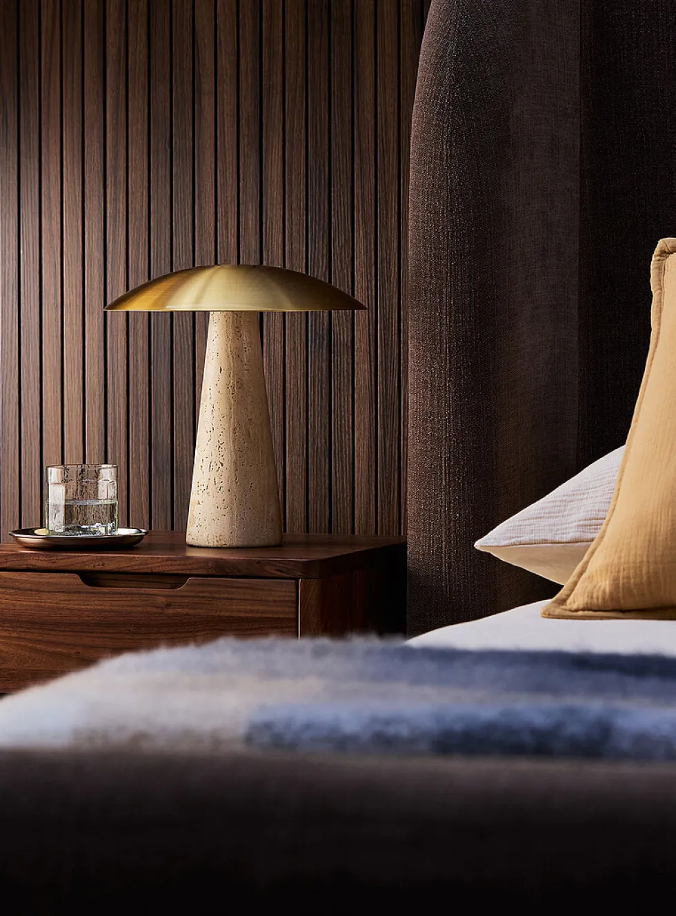 Metal and travertine round table lamp