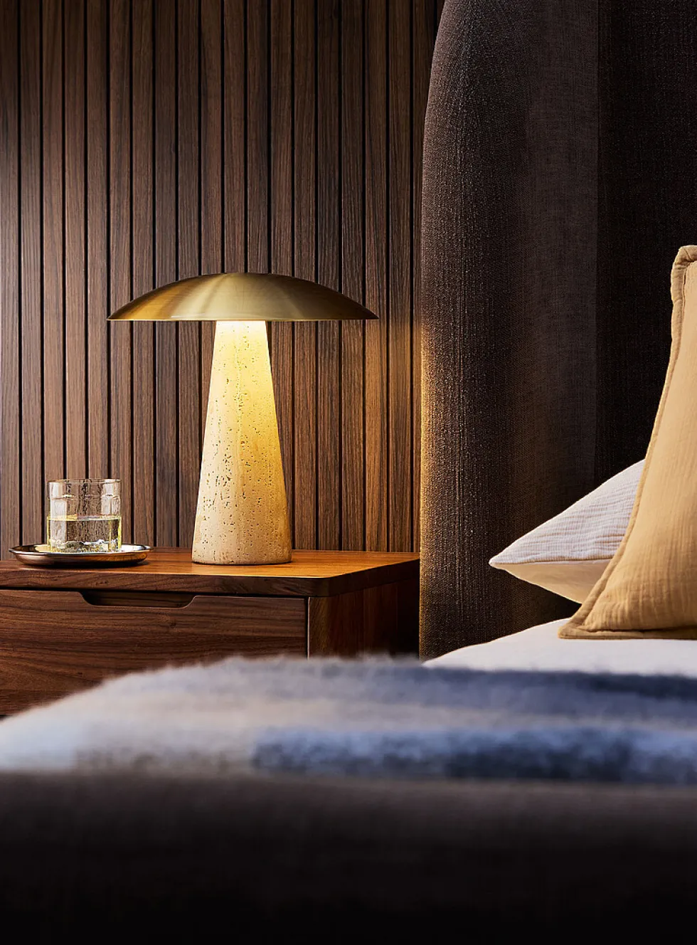 Metal and travertine round table lamp