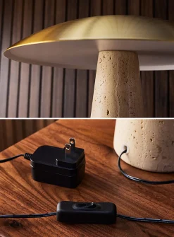 Metal and travertine round table lamp