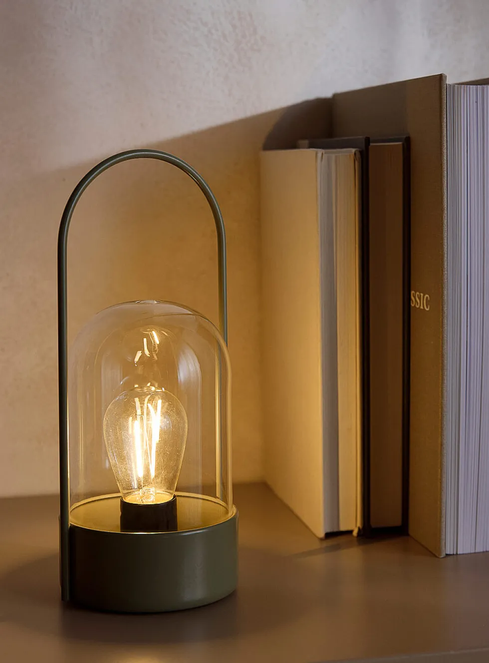 Metal frame and glass shade lamp