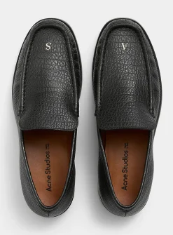 Metallic lettering pebbled leather loafers