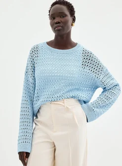 Metallic-accent openwork sweater