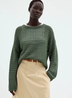 Metallic-accent openwork sweater