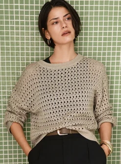 Metallic-accent openwork sweater