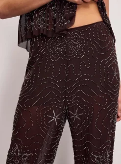 Micromesh beads and sequins wide-leg pant