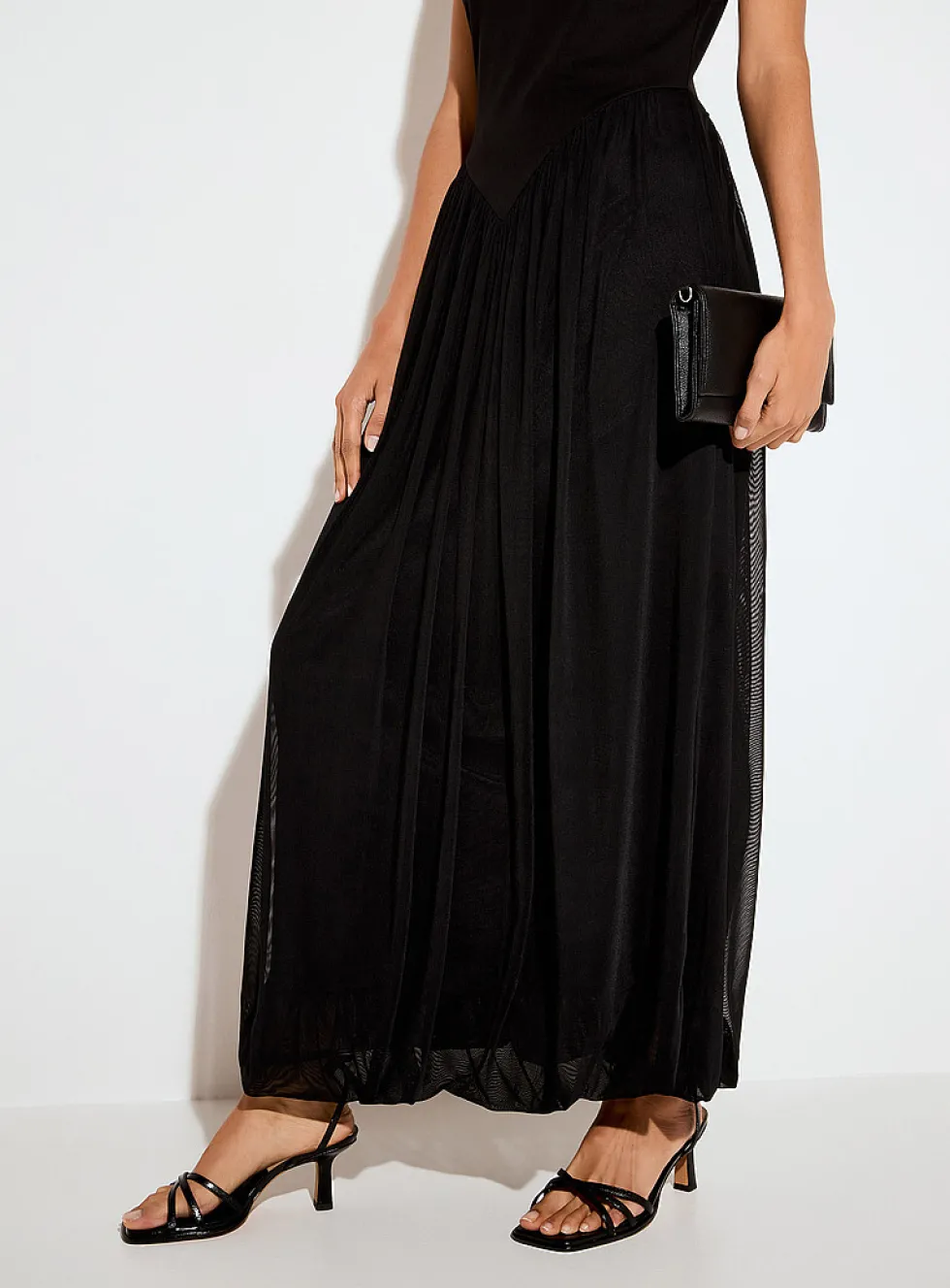 Mixed-material mock-neck maxi sleeveless dress