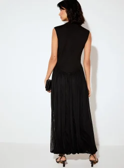 Mixed-material mock-neck maxi sleeveless dress