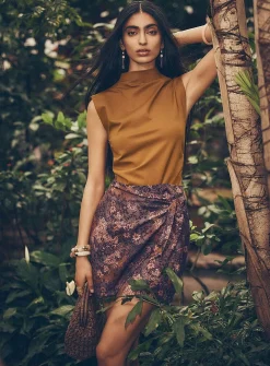 Mock-neck ruched-waist interlock cami