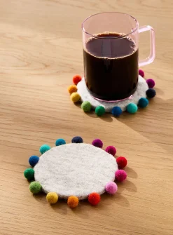 Multicoloured balls border wool coasters