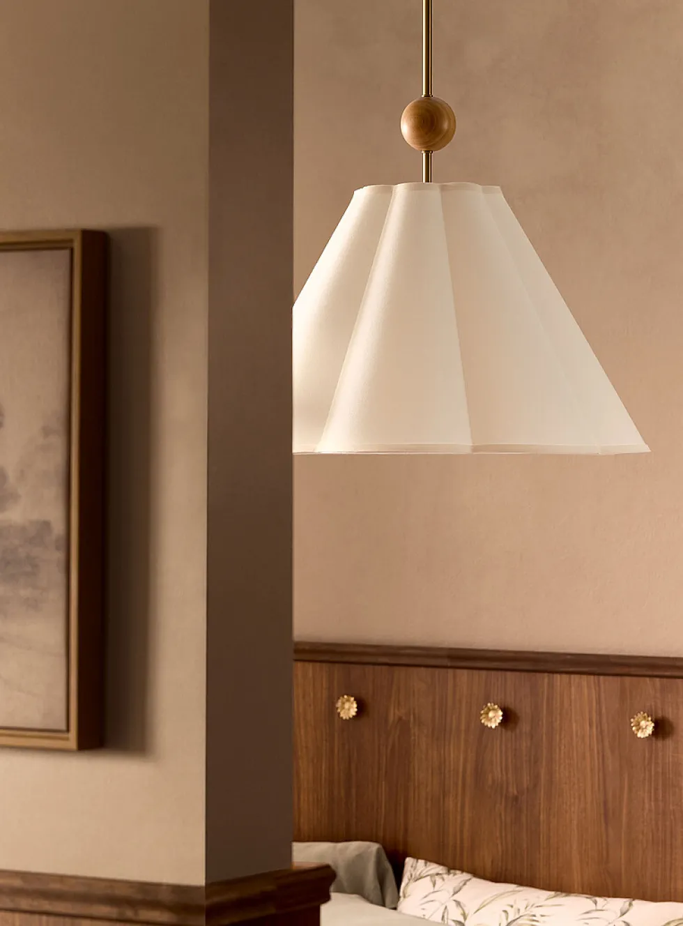 Oak and brass accented hanging lamp