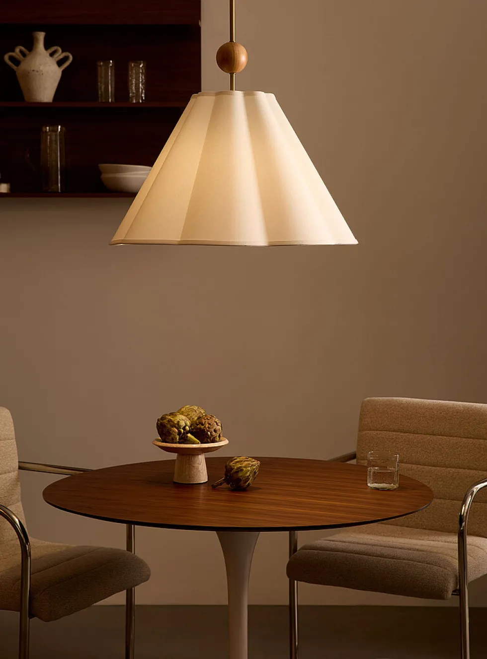 Oak and brass accented hanging lamp