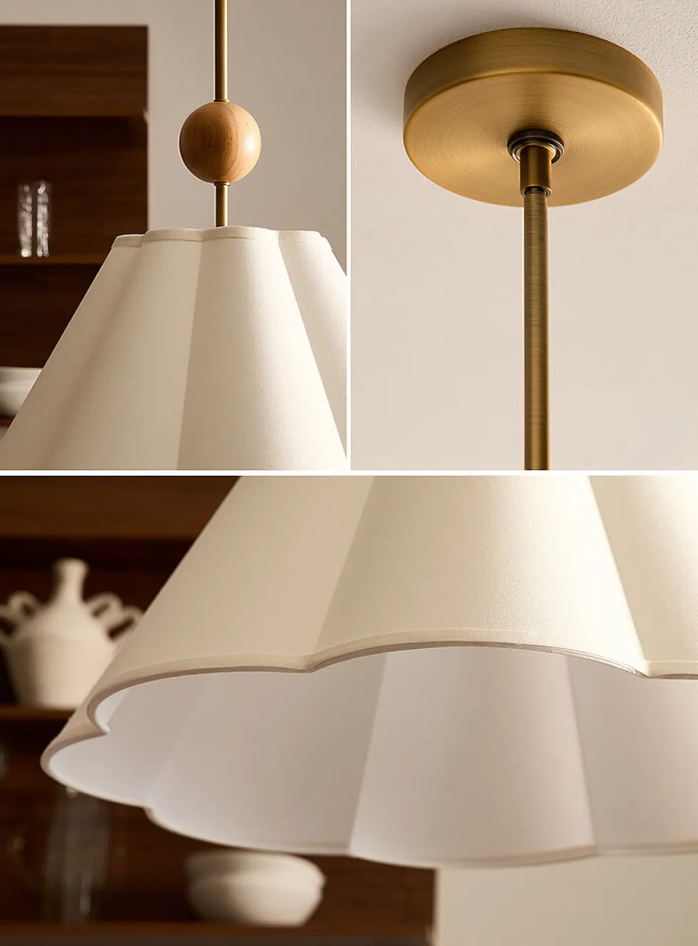 Oak and brass accented hanging lamp