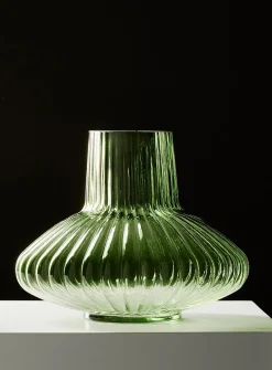 Oblong rounded-grooves tinted glass vase