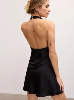 Open-back halter neckline satiny minidress