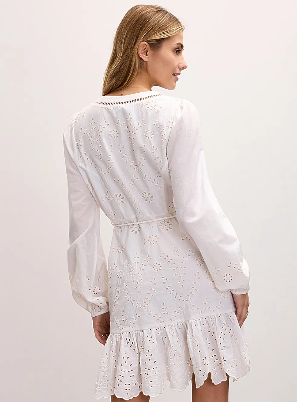 Openwork broderie anglaise belted minidress