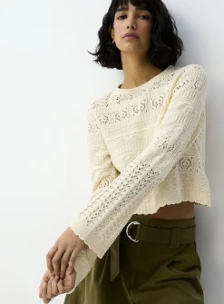 Openwork knit cropped bell-sleeve sweater