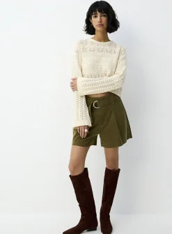 Openwork knit cropped bell-sleeve sweater