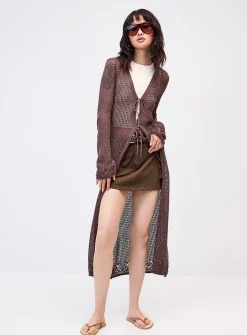 Openwork tie-front long cardigan