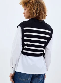 Overlaid effect Johnny collar tie-up sweater vest