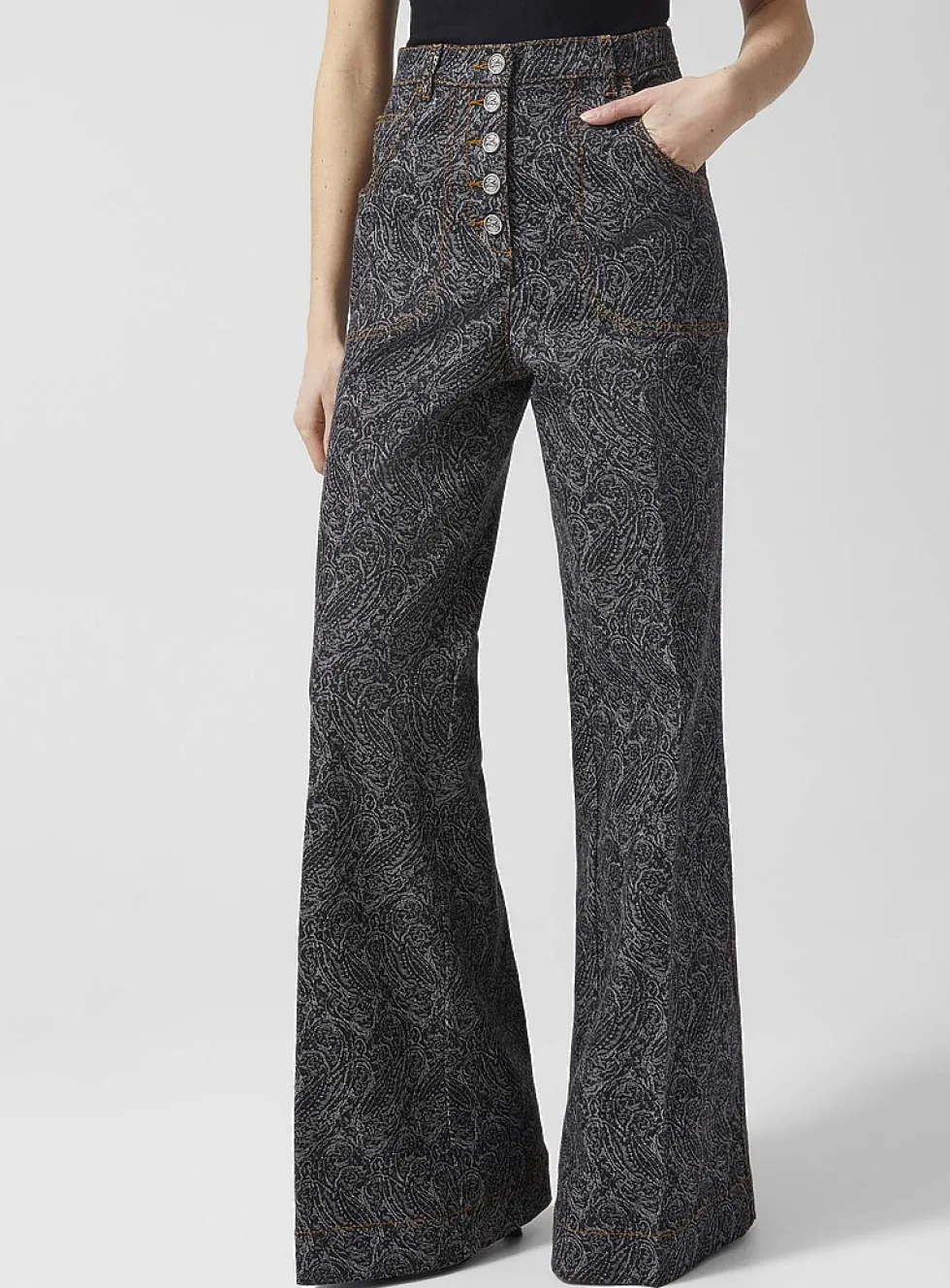 Paisley pattern flared-leg blue jean