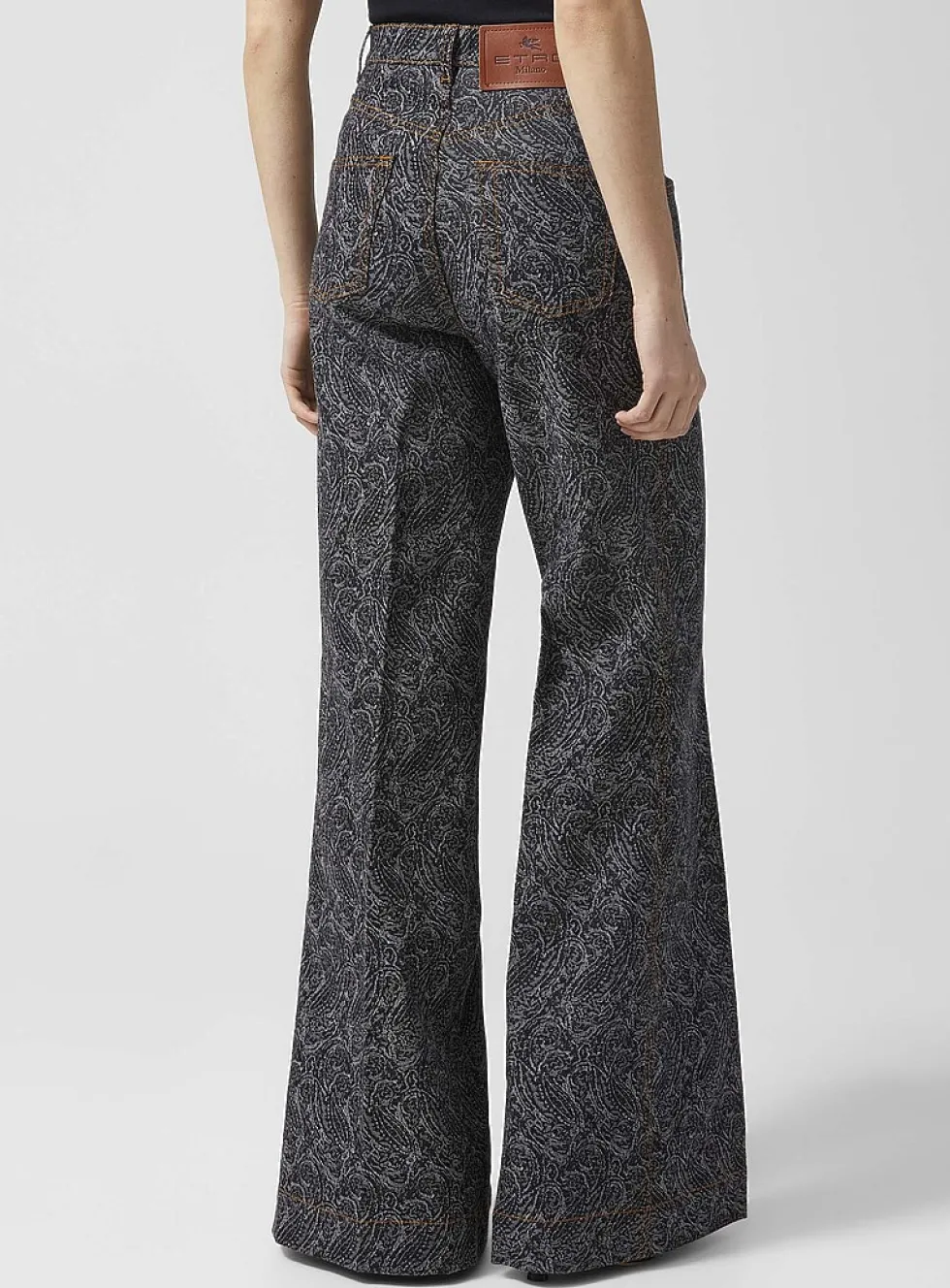 Paisley pattern flared-leg blue jean