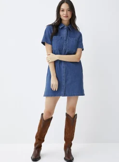 Patch-pocket denim shirt dress