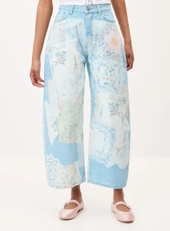 Patchwork print barrel-leg jean