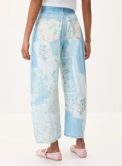 Patchwork print barrel-leg jean