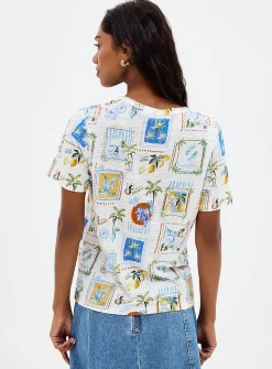 Patterned 100% slub linen T-shirt