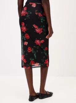 Patterned mesh midi skirt