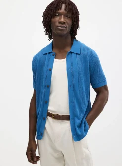 Patterned openwork knit polo-collar cardigan