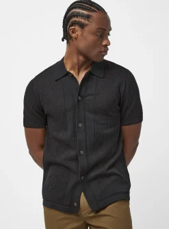 Patterned openwork knit polo-collar cardigan