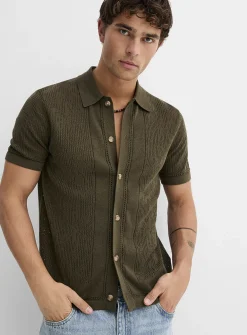 Patterned openwork knit polo-collar cardigan