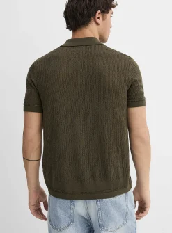 Patterned openwork knit polo-collar cardigan