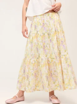Patterned poplin tiered maxi skirt