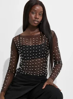 Pearls and crystals mesh T-shirt