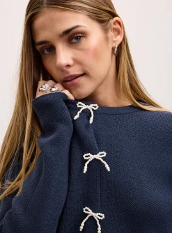 Pearly bow button boxy-fit cardigan