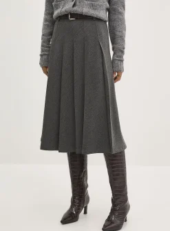 Pleated belted flared skirt