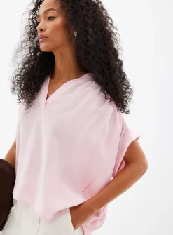 Pleated cap-sleeve pure silk blouse