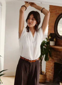 Pleated cap-sleeve pure silk blouse