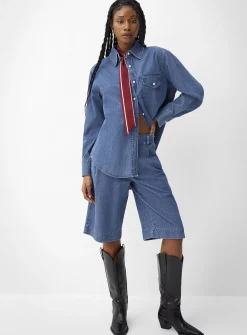 Pleated lightweight denim Bermuda short