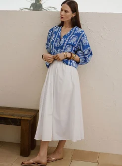 Pleated-waist poplin maxi skirt