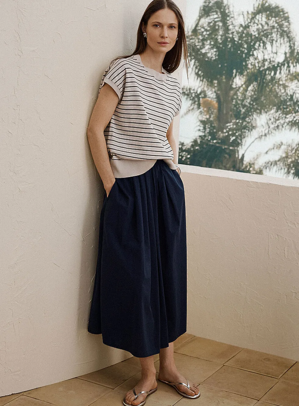 Pleated-waist poplin maxi skirt