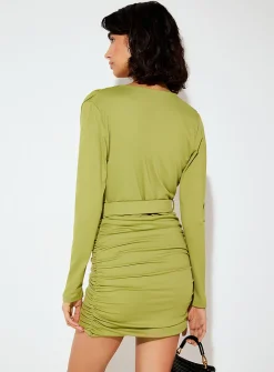 Plunging-neckline belted minidress