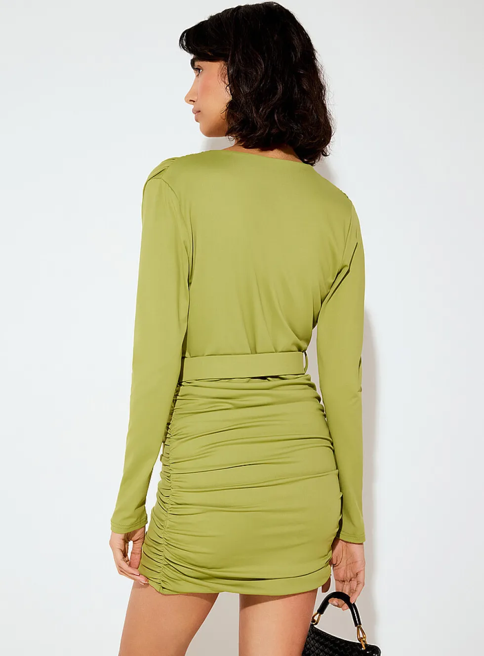 Plunging-neckline belted minidress
