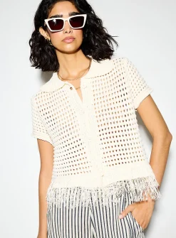 Plush-knit polo-collar fringed cardigan