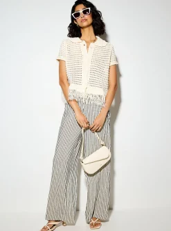 Plush-knit polo-collar fringed cardigan