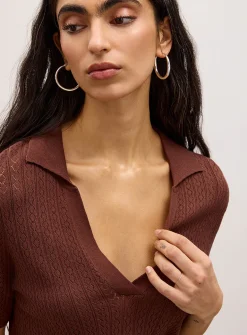 Pointelle knit Johnny-collar short-sleeve sweater